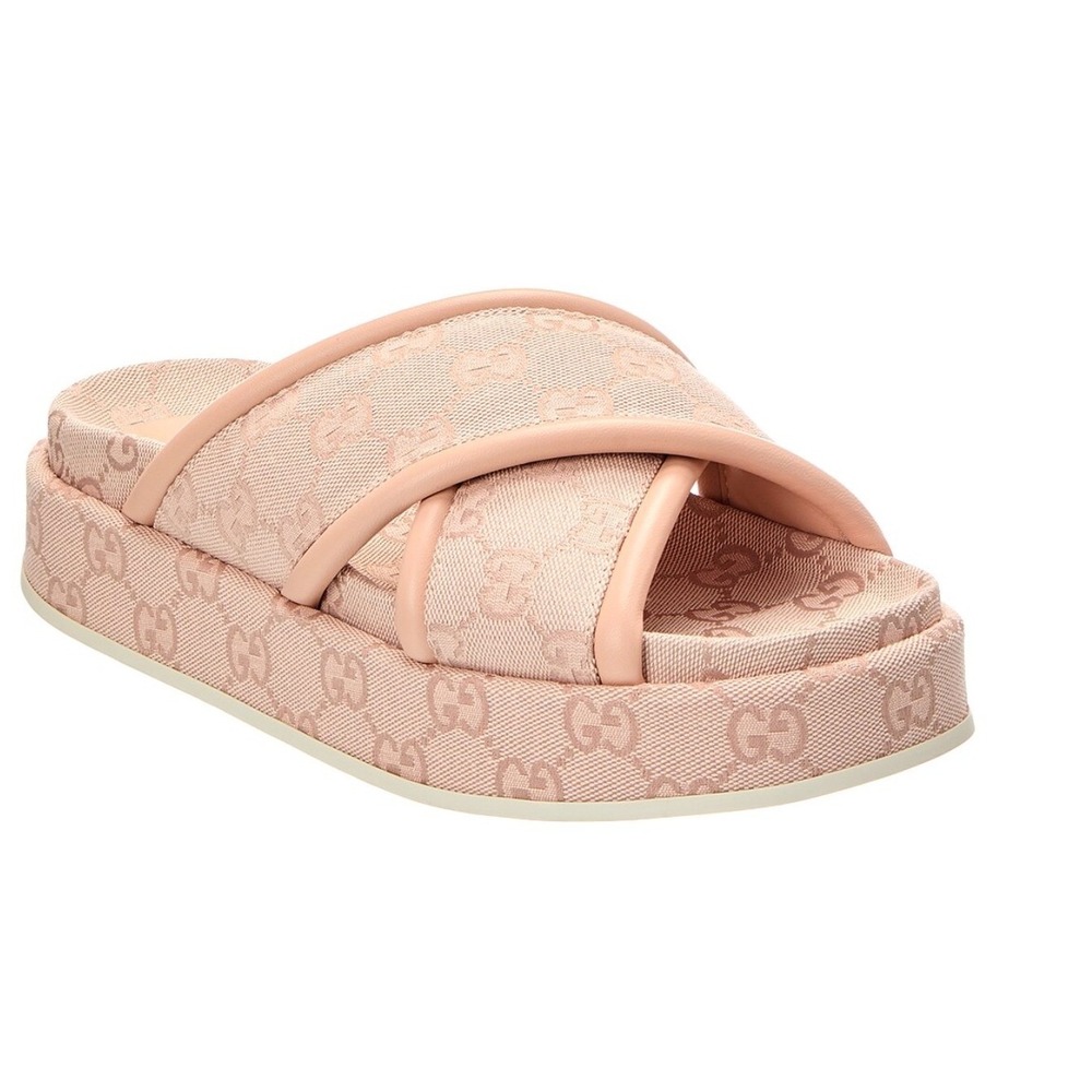 Gucci GG Canvas & Leather Light Pink Platform Sandal sz 39.5
